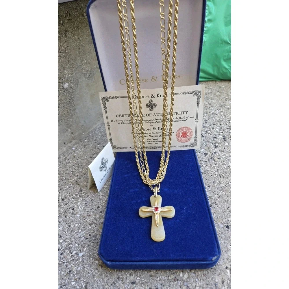 Jackie Kennedy Camrose Kross 3 Strand Gold Red Jewel Cross Pendant. Orig Box COA